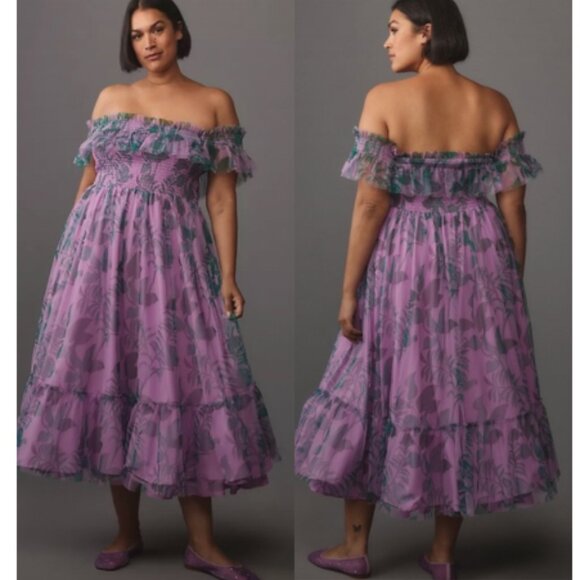 NWT Anthropologie Hutch Dress Off-The-Shoulder Smocked Tiered Midi Purple Floral